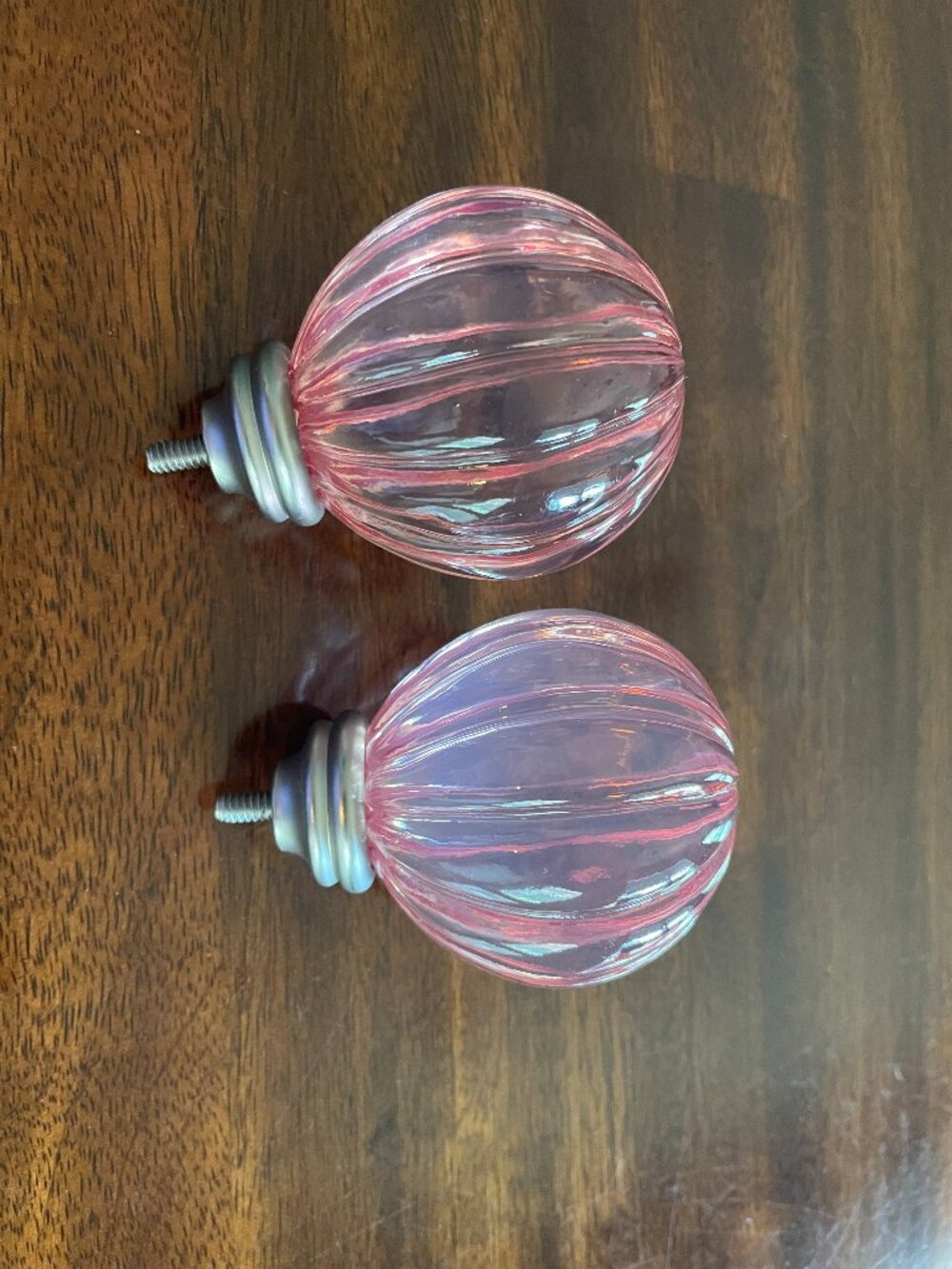 (2) Pottery Barn Kids Round PINK Mercury Glass Curtain Rod Finials & Rod Mounts!